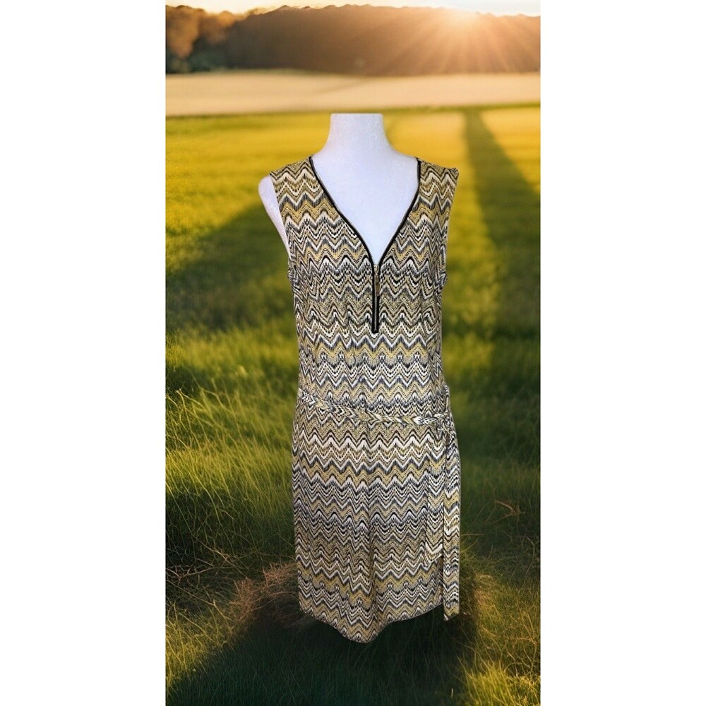 Tacera 1/4 Stop Zip Yellow White Chevron Sleeveless Tie Belt Shift Dress PL